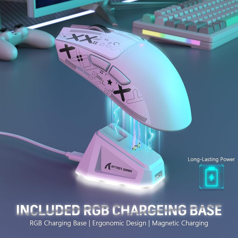 Magic-Refiner Attack Shark X11 59g Superlight Wireless Gaming Mouse with Grip Tape, RGB Charging Dock，BT/2.4G Wireless/Wired Pc Mouse, 22000 DPI,5 Programmable Buttons for Pc/Mac(White) - Image 3